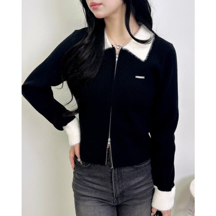 クロ/オフホワイト | 12Gフェザー衿リブニットカーディガン | INGNI 