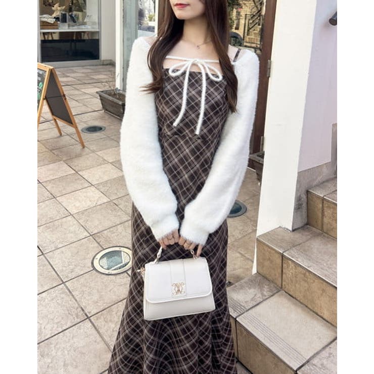 アイボリー/ブラウンチェック | 7Gデコルテオープンニットボレロ+マーメイドワンピ | INGNI 