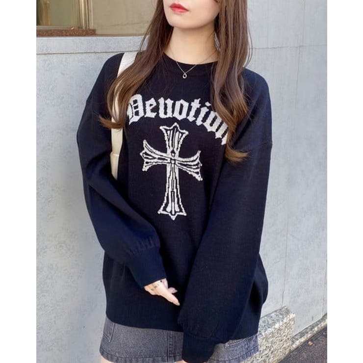 クロ/オフホワイト | 12GクロスロゴJQニット | INGNI 