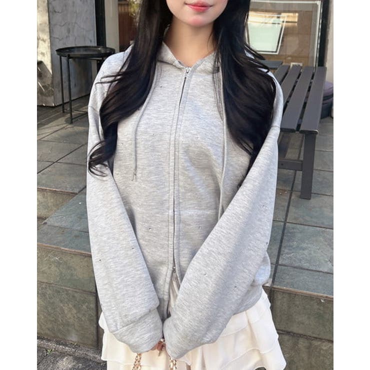 グレー | ビジュー付ダンボールZIPパーカー | INGNI 