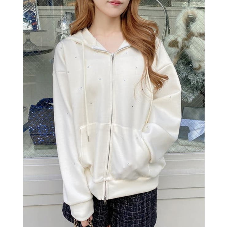 アイボリー | ビジュー付ダンボールZIPパーカー | INGNI 