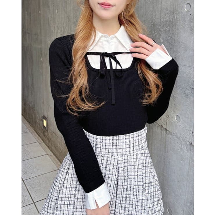 クロ/オフホワイト | 12G SHドッキングフロントリボンニット | INGNI 