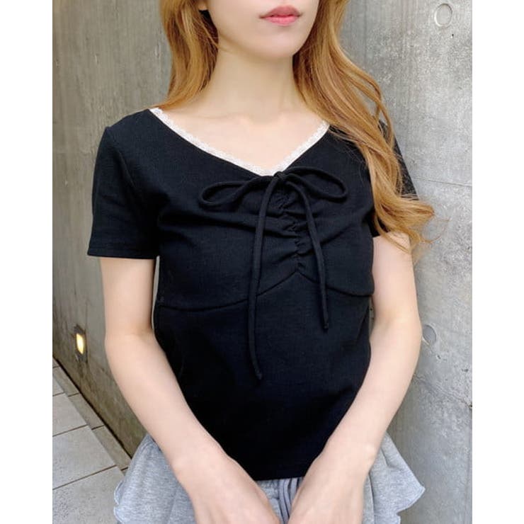 クロ | 衿レース付フロントギャザーリボンリブTOPs | INGNI 