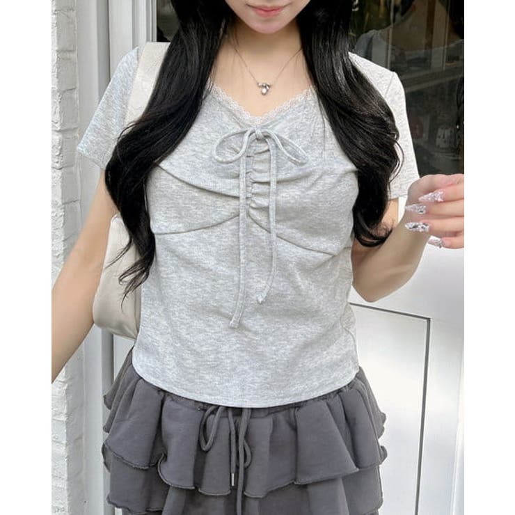 グレー | 衿レース付フロントギャザーリボンリブTOPs | INGNI 
