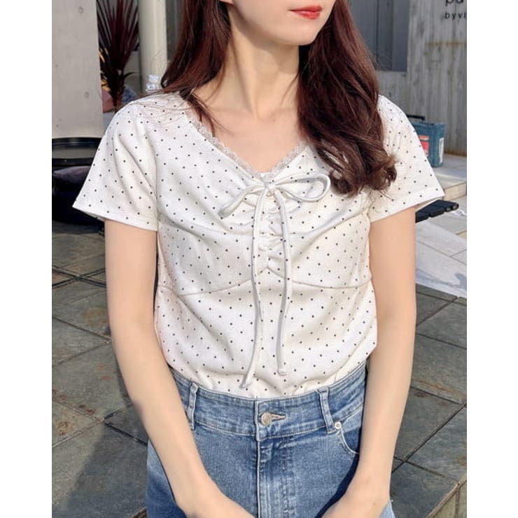 オフホワイト/クロ | 衿レース付フロントギャザーリボンリブTOPs | INGNI 