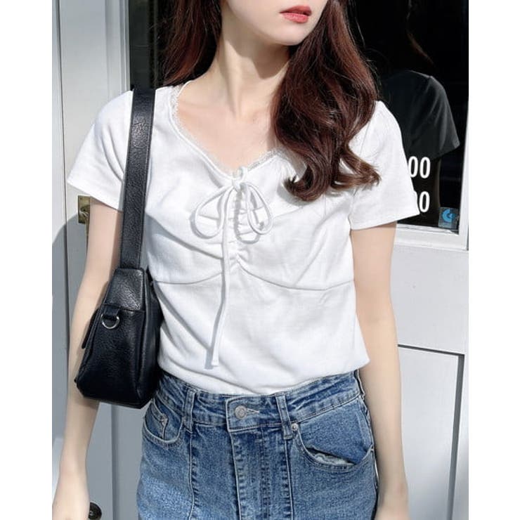 オフホワイト | 衿レース付フロントギャザーリボンリブTOPs | INGNI 