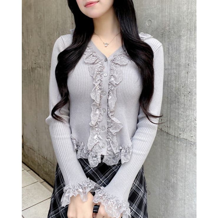 グレー | 12Gフリルレースドッキングリブニットカーディガン | INGNI 