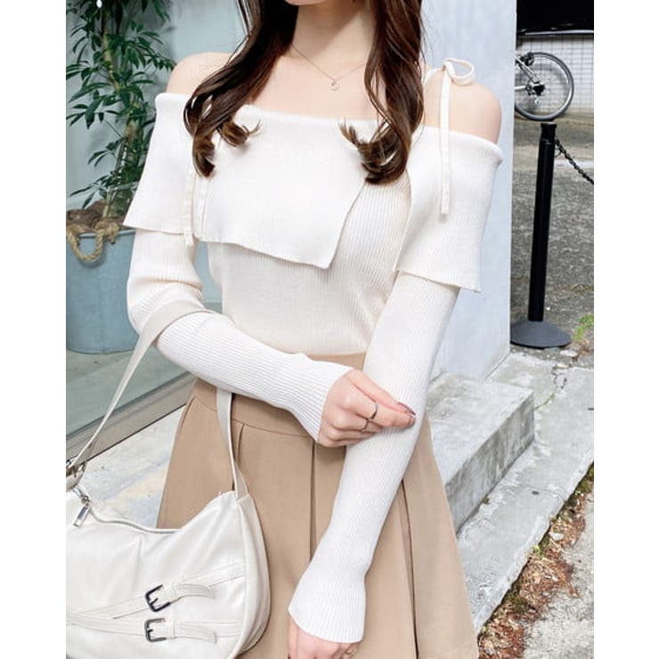 オフホワイト | 12G両肩リボンスリットニット | INGNI 