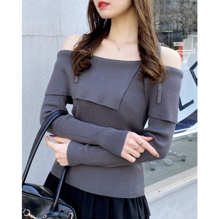 グレー | 12G両肩リボンスリットニット | INGNI 