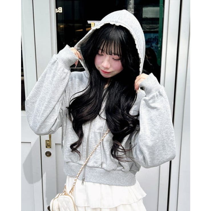 グレー | レース付胸ロゴ裏毛ショートZIPパーカー | INGNI 