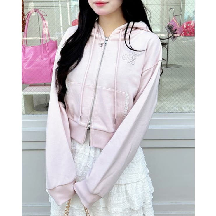 ライトピンク | レース付胸ロゴ裏毛ショートZIPパーカー | INGNI 