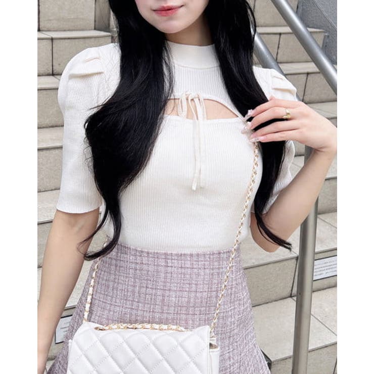 オフホワイト | デコルテオープン5分袖ニット | INGNI 