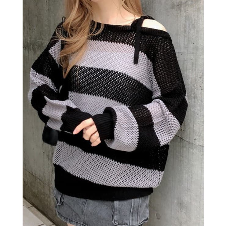 クロ/グレー | 7Gメッシュボーダーチュニックニット | INGNI 