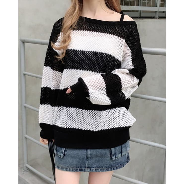 クロ/オフホワイト | 7Gメッシュボーダーチュニックニット | INGNI 