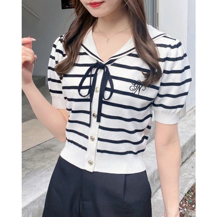 オフクロ/ボーダー | 12Gセーラーカラー配色ニットカーディガン | INGNI 