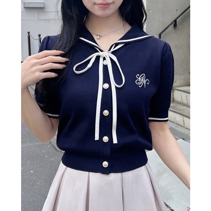 コン/オフホワイト | 12Gセーラーカラー配色ニットカーディガン | INGNI 