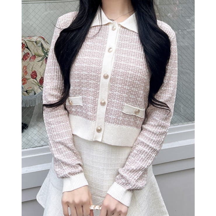 ピンク/オフホワイト | 7G衿付ツイードバイカラーニットCD | INGNI 