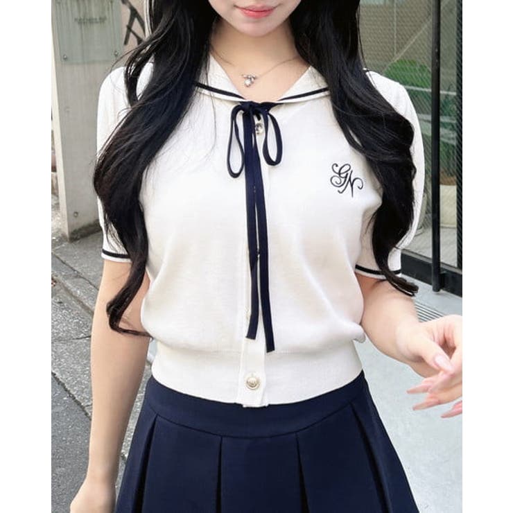 オフホワイト/コン | 12Gセーラーカラー配色ニットカーディガン | INGNI 