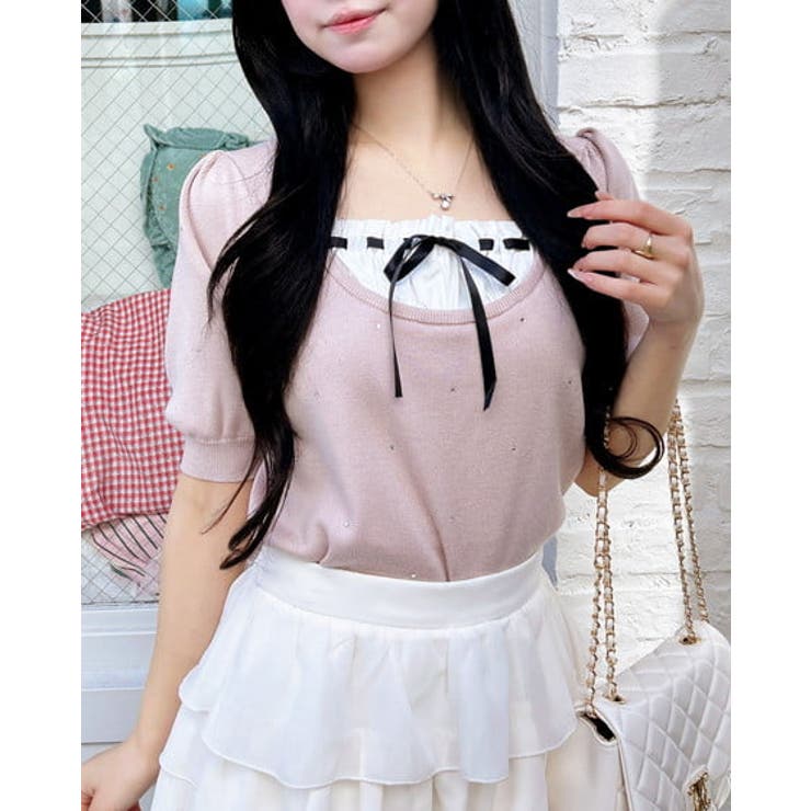 ピンク/オフホワイト | 12Gビジュー飛ばしレイヤード風ニット | INGNI 