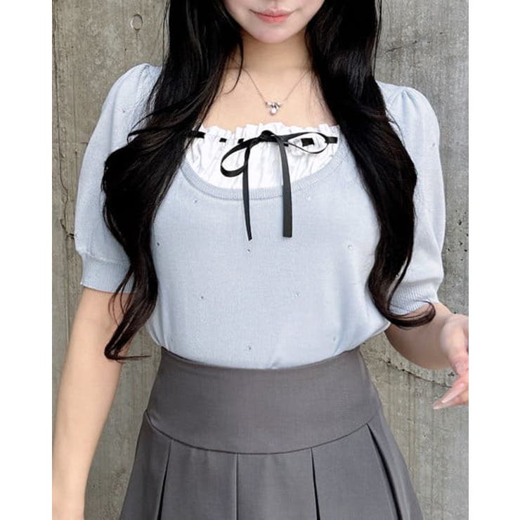 サックス/オフホワイト | 12Gビジュー飛ばしレイヤード風ニット | INGNI 