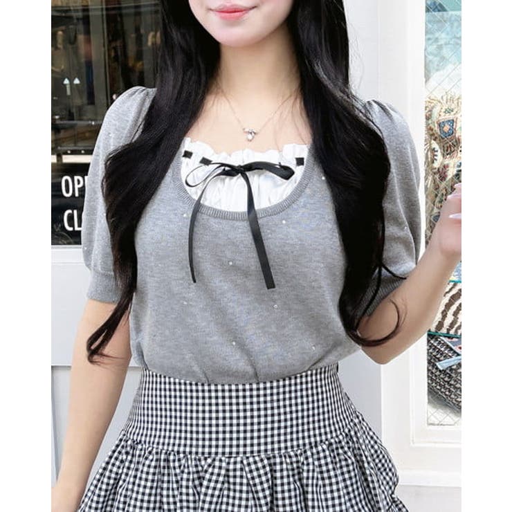 グレー/オフホワイト | 12Gビジュー飛ばしレイヤード風ニット | INGNI 