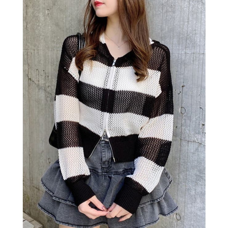 クロ/オフホワイト | 7Gボーダーメッシュニットパーカー | INGNI 