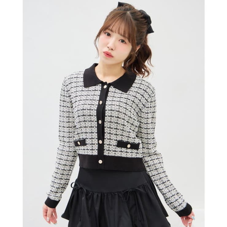 オフホワイト/クロ | 7G衿付ツイードバイカラーニットCD | INGNI 