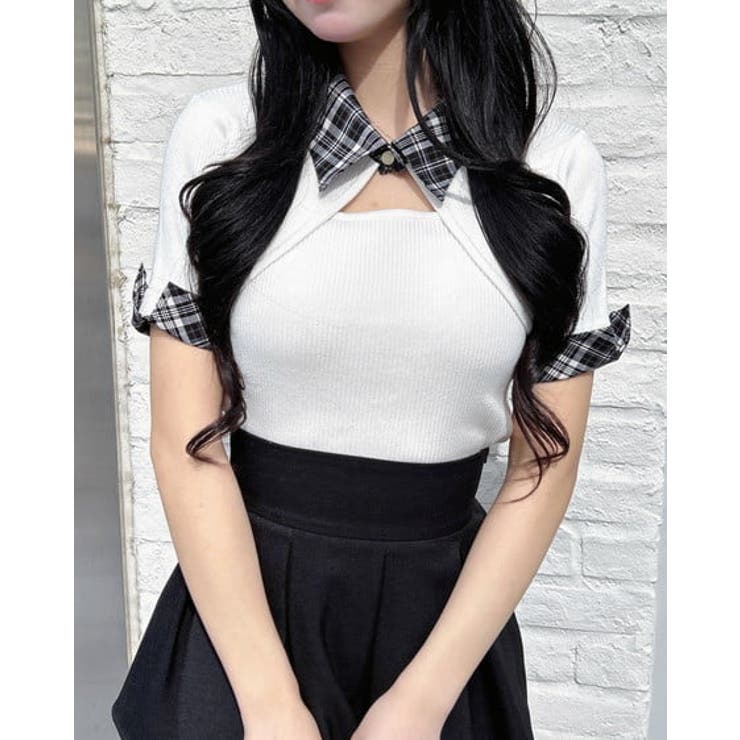 キナリ/クロオフ | 12G チェック衿デコルテオープン半袖ニット | INGNI 