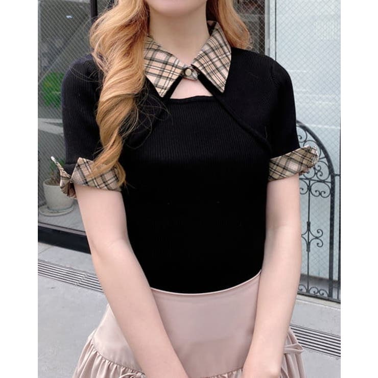 クロ/ムジ | 12G チェック衿デコルテオープン半袖ニット | INGNI 