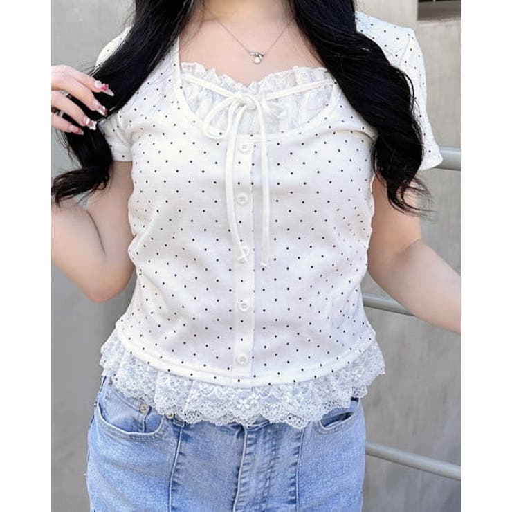 オフクロ/ドット | レースレイヤード風リボン付きリブTOPs | INGNI 