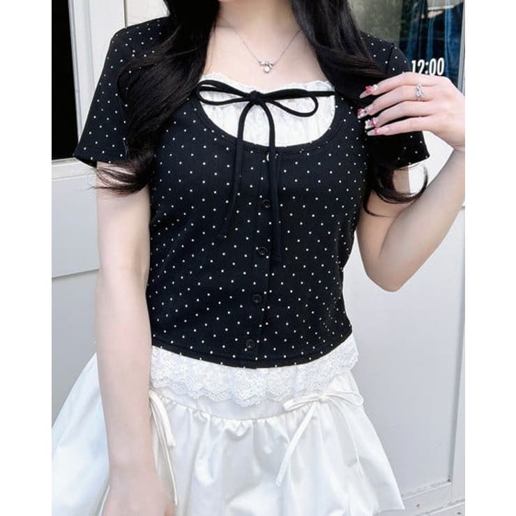 クロ/ライトグレー | レースレイヤード風リボン付きリブTOPs | INGNI 