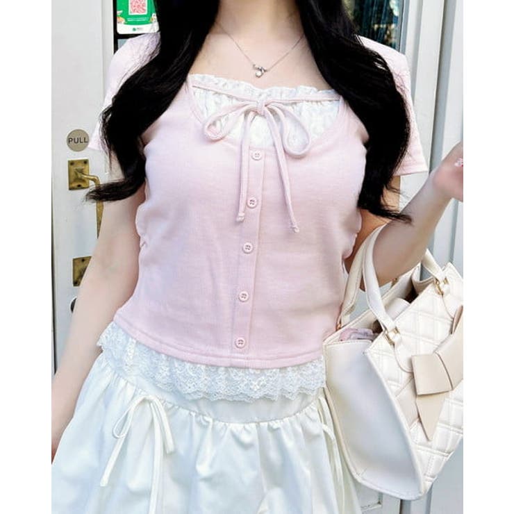 ライトピンク | レースレイヤード風リボン付きリブTOPs | INGNI 