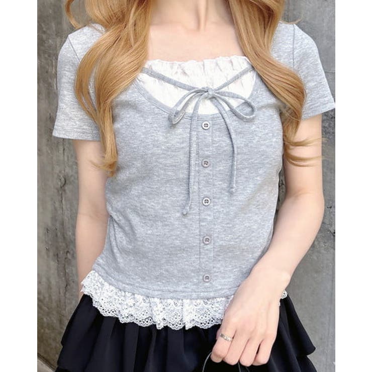 グレー | レースレイヤード風リボン付きリブTOPs | INGNI 