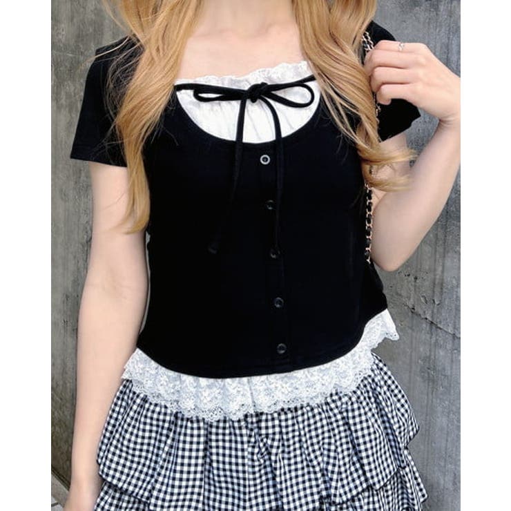 クロ | レースレイヤード風リボン付きリブTOPs | INGNI 