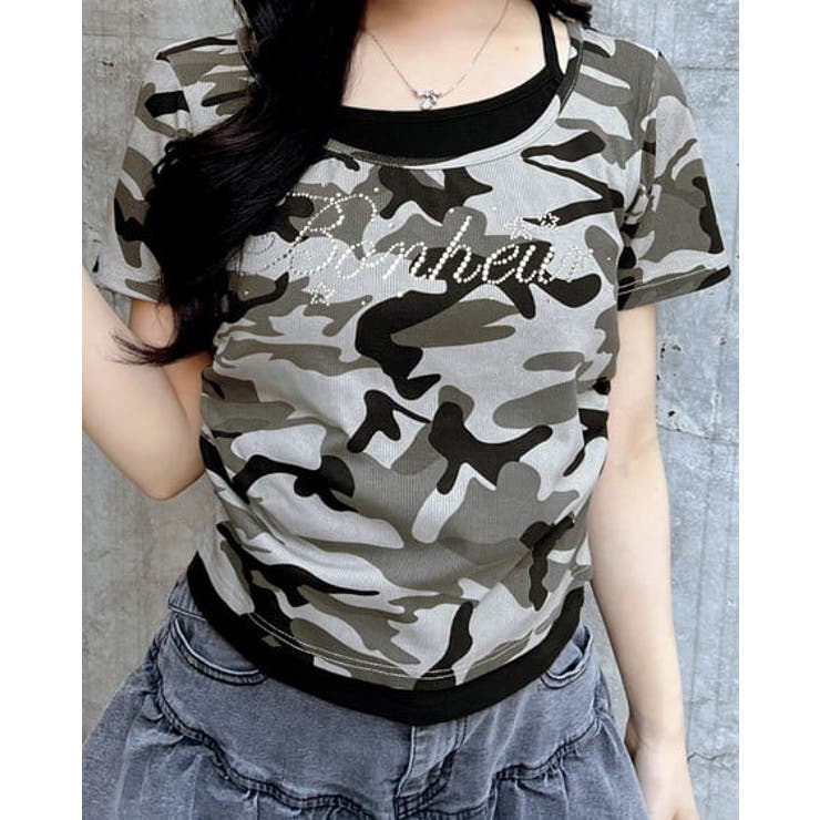 グレー/クロ | メイサイレイヤードラインストーンロゴTOPs | INGNI 