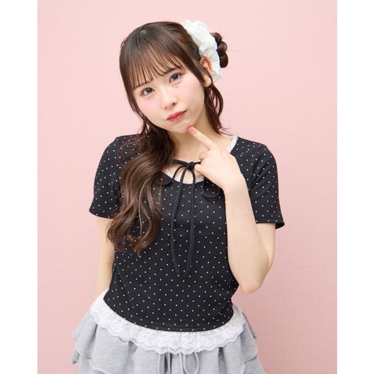 クロ/オフホワイト | レース出しリボン付ドット半袖リブTOPs | INGNI 