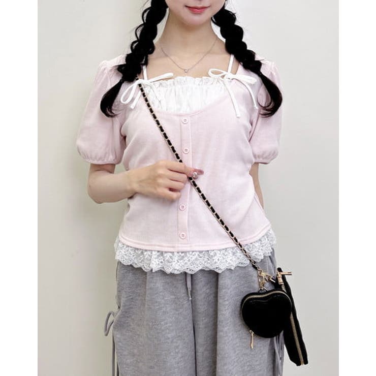 ライトピンク | キャミレイヤード風ダブルリボンレースリブTOPs | INGNI 