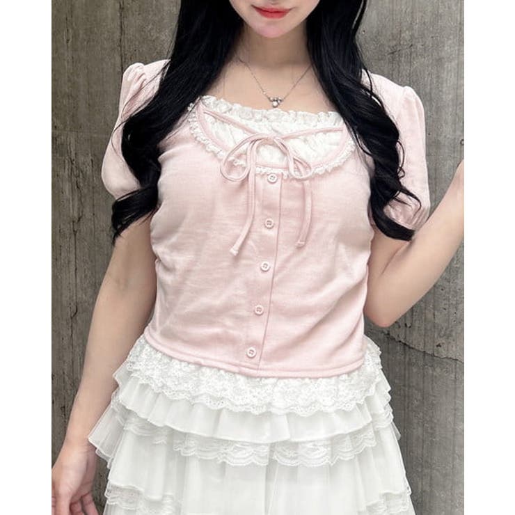ライトピンク | 衿レースレイヤード風パフスリーブリブTOPs | INGNI 