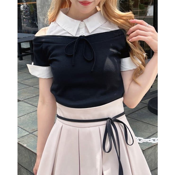 クロ/オフホワイト | シャツドッキングオフショルリブTOPs | INGNI 