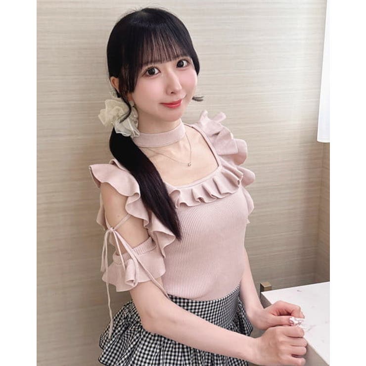 ピンク | チョーカー付肩開きフリルニット | INGNI 