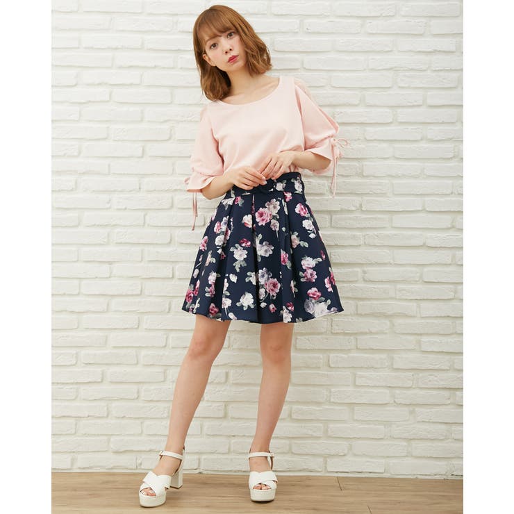 S・ウエストリボン花柄タックフレア/SK[品番：INGW0002870]｜INGNI