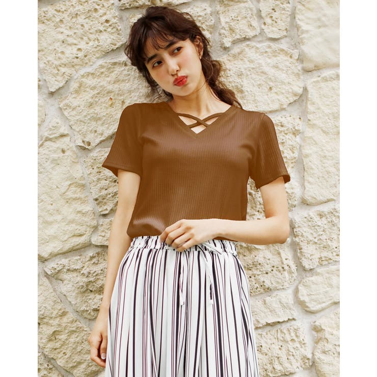 リブフロントクロス／Vネックトップス[品番：INGW0002854