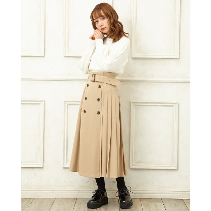 REISS☆Marie/プリーツ織り ミディスカート♪【送料込】 S-LL】共布ベルト付き サイドプリーツ切り替えスカート（ミモレ