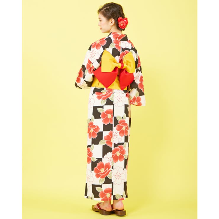 INGNIイング　みちょぱ着用椿の柄の浴衣と半幅帯　真田紐と帯留めのセット 池田美優(みちょぱ)着用袴ネットレンタル 正統派古典 エンジ