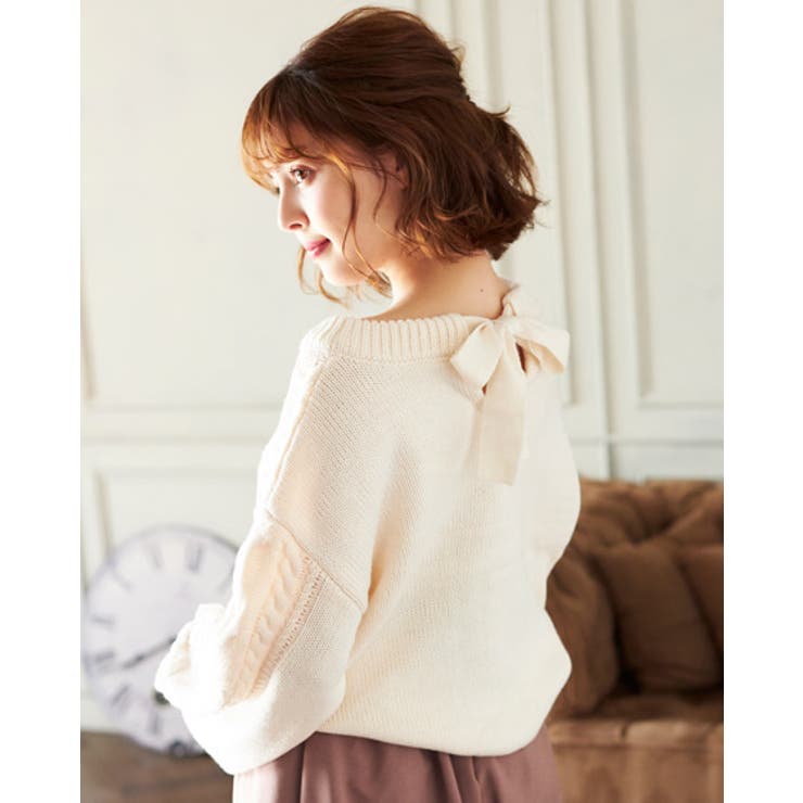 GANNI アイボリー ケーブルリボンニット ハンドニッティングケーブルリボンニット/Hand-knitted Cable Ribbon K
