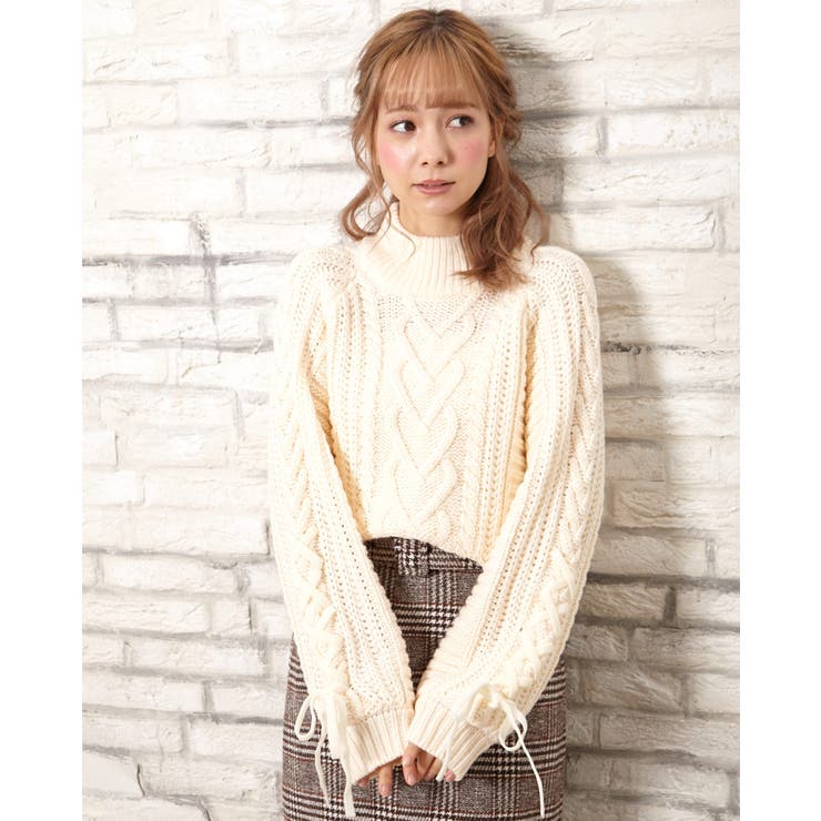 3Gケーブルモックネック袖レースUPニット[品番：INGW0005636