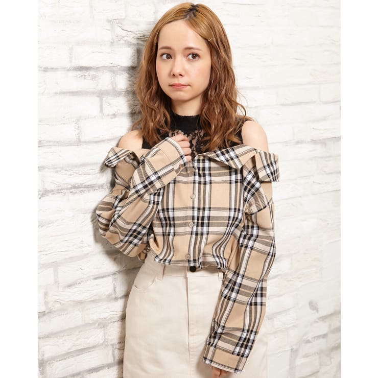 EYEER チェックパターンレイヤードロングスリーブ　オフショル レイヤードドッキングチェックオフショル/SH[品番：INGW0005774