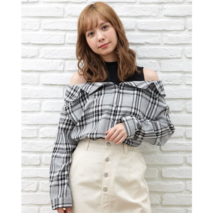 EYEER チェックパターンレイヤードロングスリーブ　オフショル レイヤードドッキングチェックオフショル/SH[品番：INGW0005774