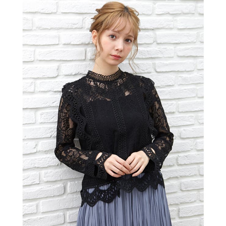 【ＩＮＧＮＩ】♥️ 総レースブラウス ＋ レディース1点 ボウタイ付キャンディー袖ハイネックレーストップス｜INGNI(イング