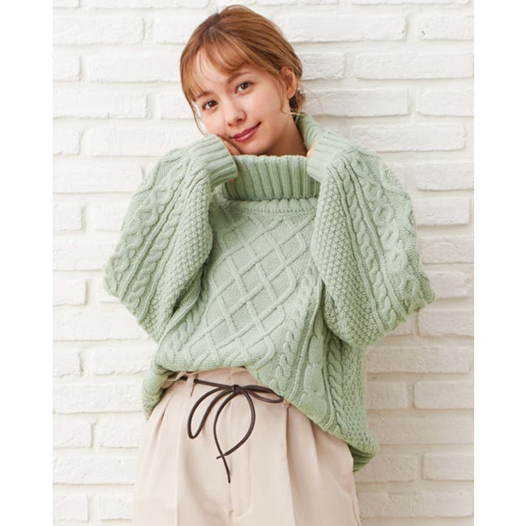 一度のみ着用】美品 タートルネック ケーブル セーター (グリーン)M